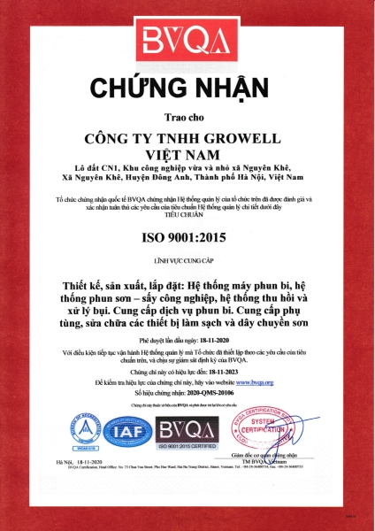 ISO 9001:2015 Growell Việt Nam - Máy Phun Bi Growell - Công Ty TNHH Growell Việt Nam